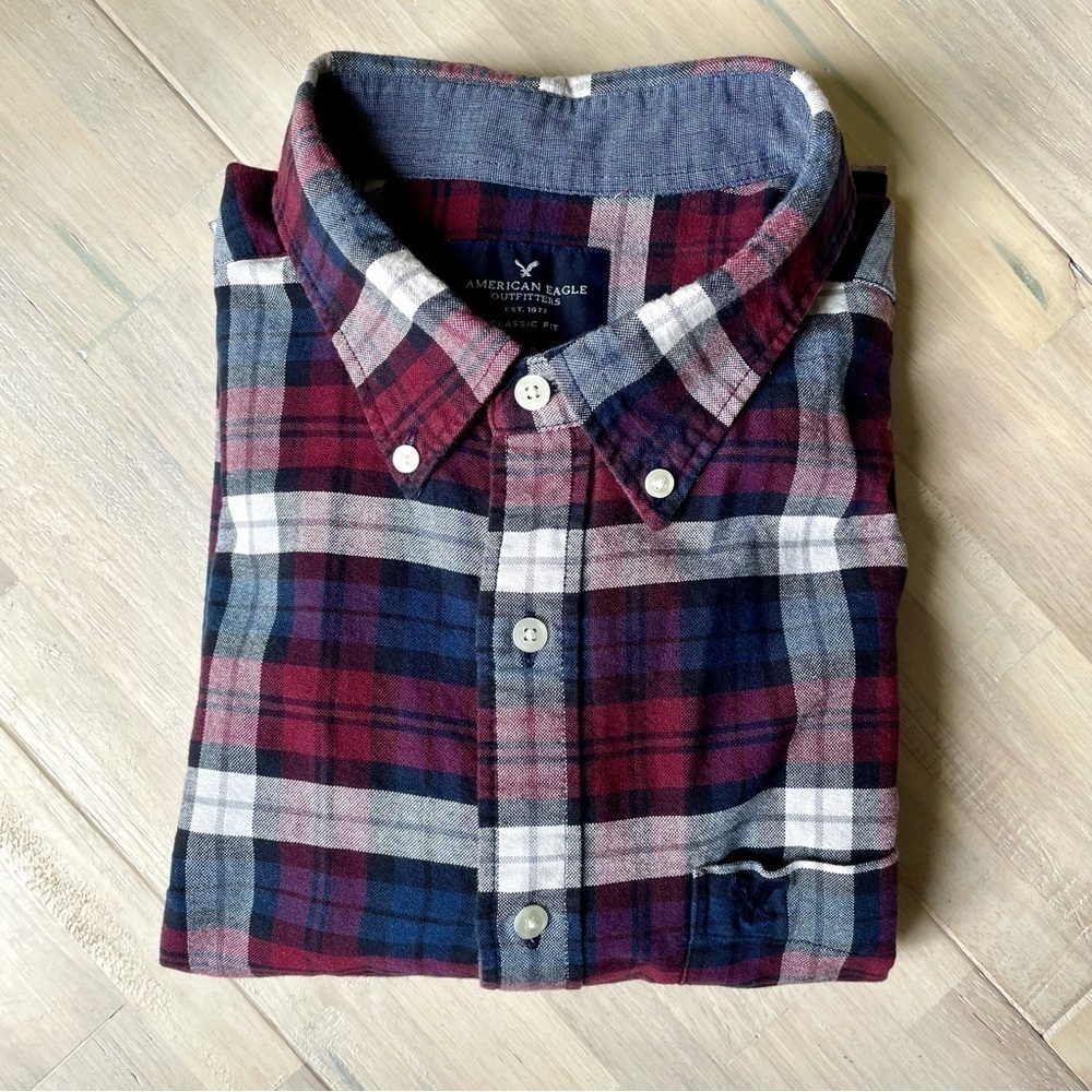 American Eagle Men's Plaid Button Down Long Sleeve Shirt Red Blue XL